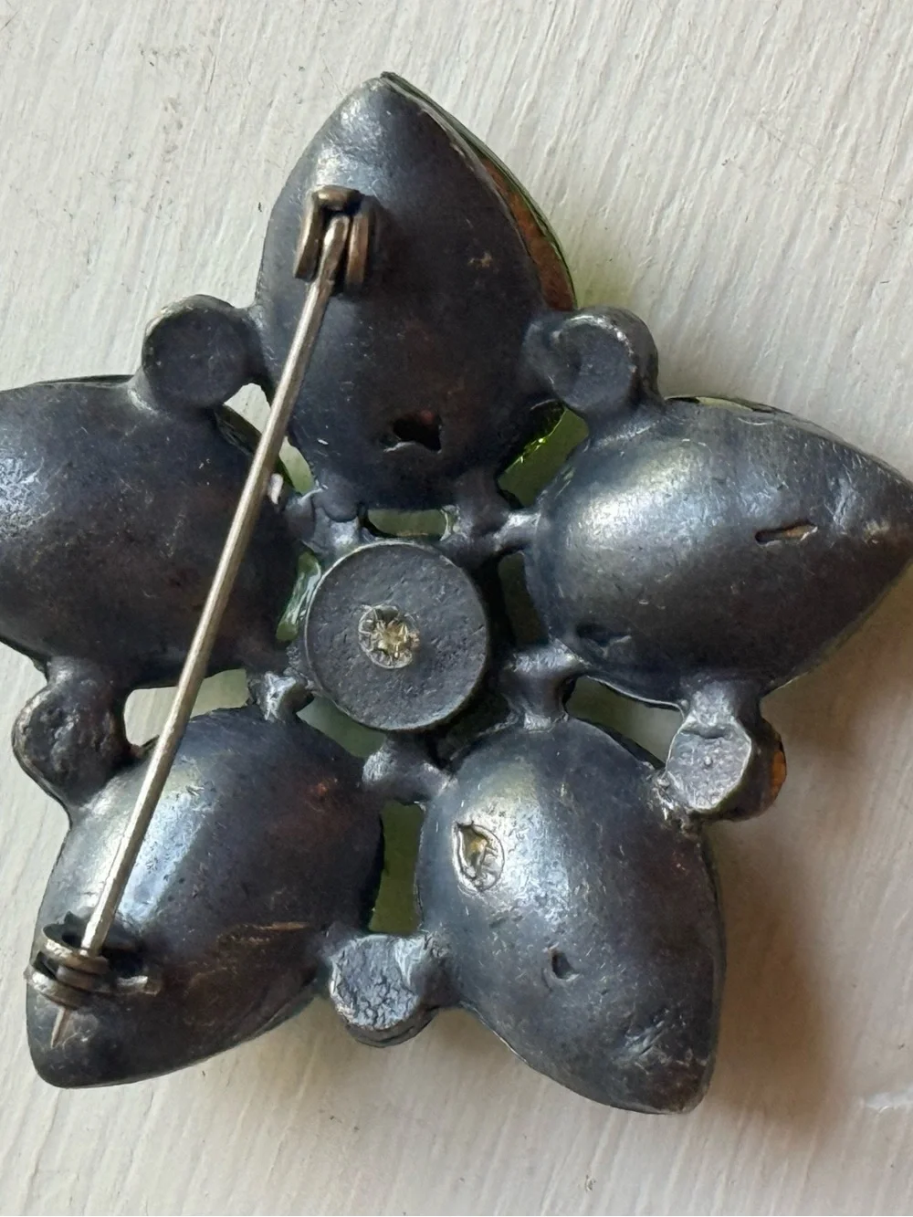 VTG Mid Century Vitrail Green Blue Rhinestone Flower Brooch